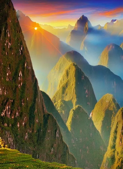 Image similar to a beautiful concept art painting of a sunrise on the machu picchu, beautiful lighting, fantasy art