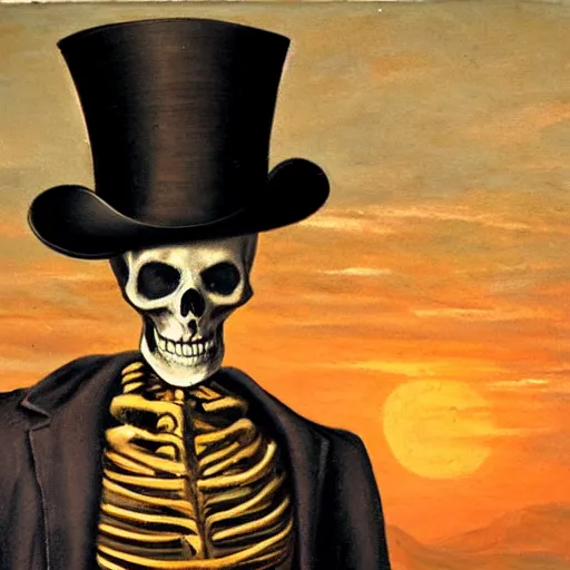 Prompt: Renaissance oil painting of skeleton wearing a suit and top hat at sunset.