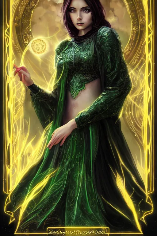 Prompt: a tarot card of an attractive young girl sorceress wearing a black robe with gold embroidery, casting a spell, green glows, painted by artgerm and tom bagshaw, in the style of magic the gathering, highly detailed digital art