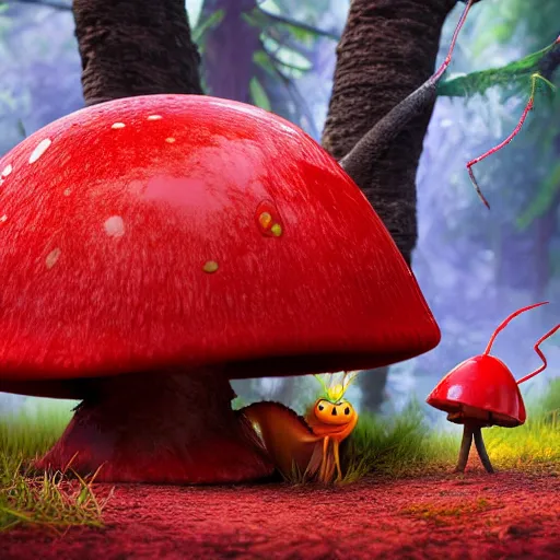 Image similar to a nature photo of a cute, adorable, fury monster eating bugs for lunch while sitting on a red mushroom in the fantasy forest, in the style of Pixar, extremely detailed, wide shot, sharp and detailed, Octane render