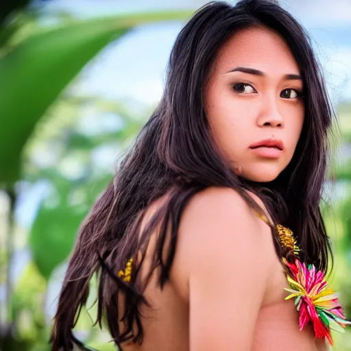 Prompt: a hawaiian filipino portuguese woman with brunette hair and blue luminously incandescent eyes, photorealistic imagery, self - portrait, 4 k, 8 k