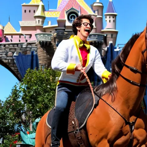 Image similar to andy samberg riding a horse in disneyland super realistic photo