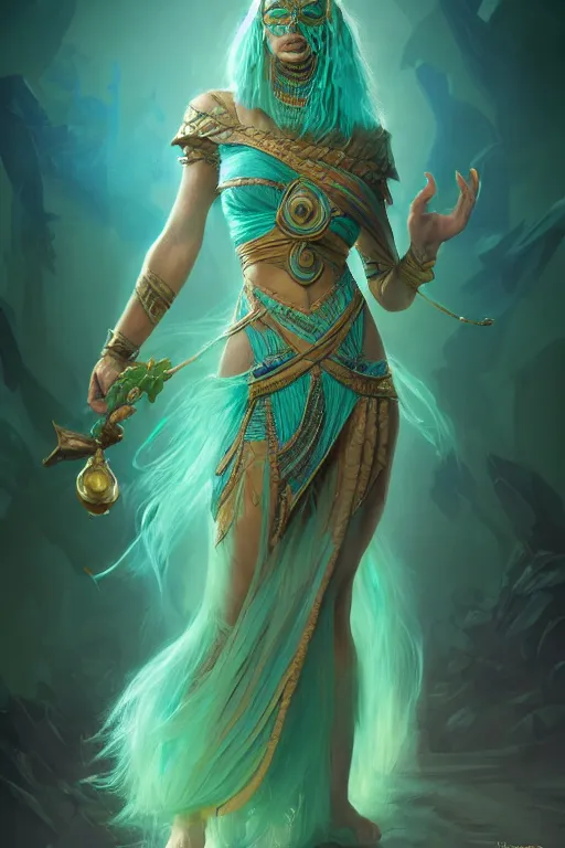 Image similar to beautiful wizard female with teal skin, full body shot, hair made of algae, egyptian clothing, with a wooden stuff, d & d, fantasy, intricate, elegant, highly detailed, digital painting, artstation, concept art, matte, sharp focus, illustration, hearthstone, art by artgerm and greg rutkowski and alphonse mucha