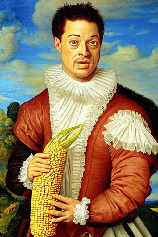Prompt: a 1 6 0 0 s portrait painting of brendan fraser holding corn, intricate, elegant, highly detailed