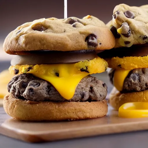 Prompt: a cheeseburger with chocolate chip cookie! bun, food photography, highly detailed, advertisement