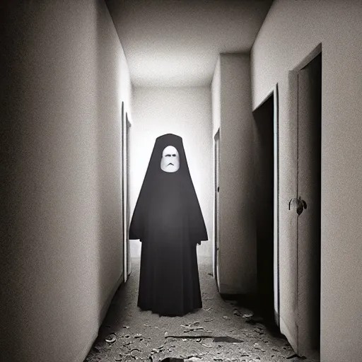 Image similar to haunted asylum with an evil nun hiding in the shadows, realistic, cinematic