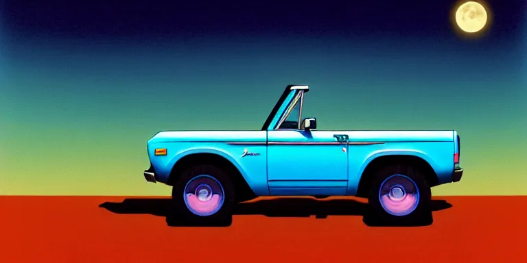 Image similar to a cinematic keyframe matte painting of a sleek 1 9 7 0 s vaporwave concept vehicle retro - futurism sci - fi sky blue 2 0 2 4 ford bronco car in an open garage in the colorado, view from the street. in the moonlight. rocky mountains. by eric lafforgue, glennray tutor and edward hopper, greg rutkowski. trending on artstation.