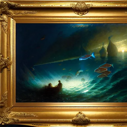 Image similar to point of view of deep in the ocean looking up, you see fishes, higher the milk way, night time, midnight. highly detailed painting by gaston bussiere, greg rutkowski 8 k