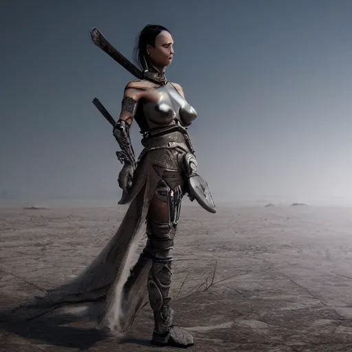 Image similar to beautiful warrior woman, standing in a barren wasteland, futuristic, photo - realistic, octane render, popular on art station