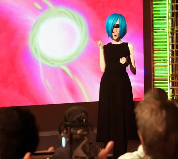 Prompt: Gardevoir speaking at a TED talk about black holes, official photo