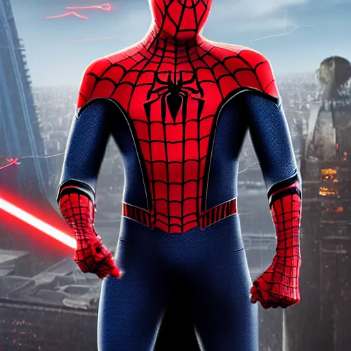 Image similar to A realistic photo of spiderman as sith lord from star wars, hyper-realistic, 8K HDR