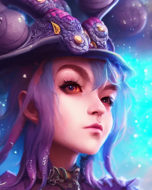 Image similar to ultradetailed rpg character portrait of a cute nebulapunk witch, digital art,, intricate, sharp focus, trending on artstation hq, deviantart, volumetric lighting, unreal engine, octane render