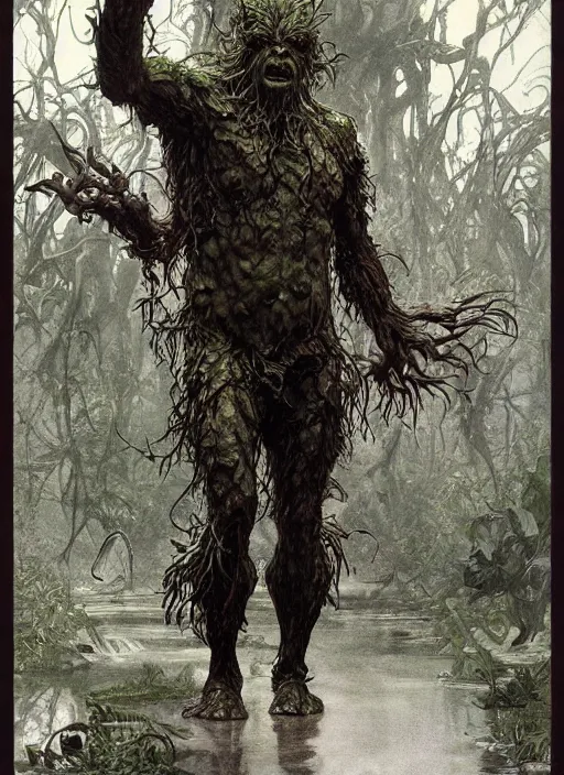 Image similar to renaissance grotesque full body portrait painting of angry swamp thing walking to the camera, camera puller back far, superior, elegant artwork by lee bermejo and greg rutkowski and alphonse mucha