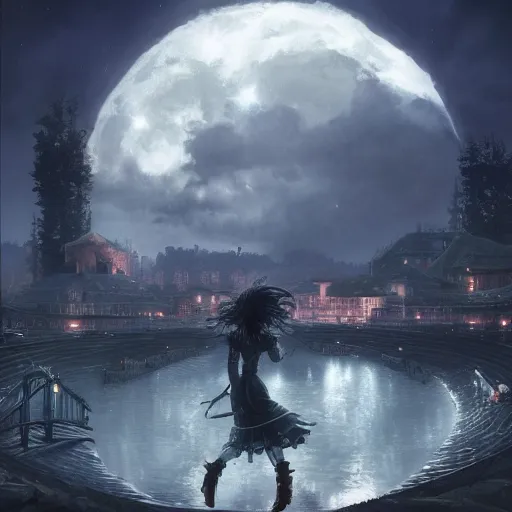 Prompt: goth woman in a moonlight view, tankoban, 4 k, tone mapping, akihiko yoshida, james jean andrei riabovitchev marc simonetti, yoshitaka amano, long hair, curly, h. hydrochaeri