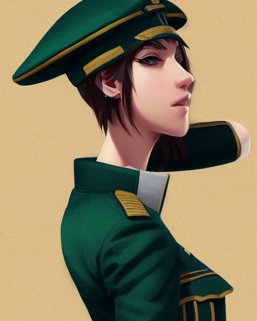 Image similar to young woman with shoulder length light brown hair and hazel eyes dressed in a sharp dark teal military uniform and beret, anime, ilya kuvshinov, greg rutkowski, guweiz, ross tran, loish, svetlana tigai, artgerm, artstation trending, concept art, digital painting