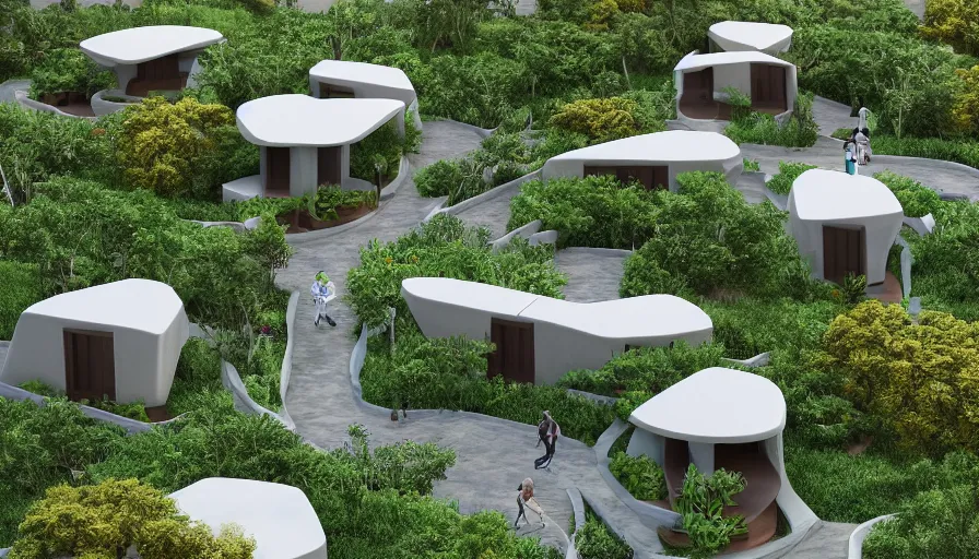 Image similar to An architectural rending of an eco-community neighborhood of innovative contemporary 3D printed sea ranch style cabins with rounded corners and angles, beveled edges, made of cement and concrete, organic architecture, in a lush green eco community with side walks, parks and public space , Designed by Gucci and Wes Anderson, golden hour