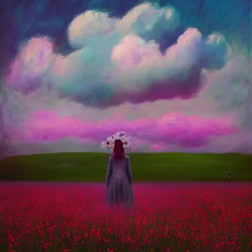 Image similar to woman with big flower face, standing in flower field, surreal photography, sunrise dramatic light, impressionistic painting, colorful clouds, artstation, dali, simon stalenhag