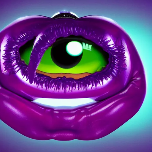 Image similar to hyperrealistic rendering eyeballs beeple claws fangs sofubi, studio lighting, colored gels, colored background, black, lime, violet, explode