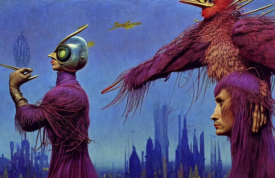 Image similar to realistic detailed portrait movie shot of a birdman wearing violet leather coat, sci fi city landscape background by denis villeneuve, amano, yves tanguy, alphonse mucha, ernst haeckel, max ernst, roger dean, masterpiece, rich moody colours, blue eyes