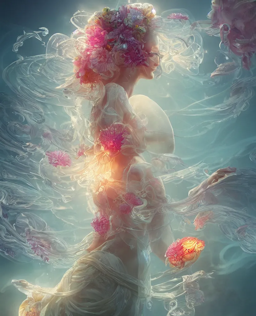 Prompt: a beautiful goddess surounded with jellyfish phoenix and bird and giant orchid, flower and giant gladiola. midsommar style, intricate, elegant, surrounded by smoke and water energy flow. translucent nautilus, highly detailed. octane render, by wlop, tooth wu, greg rutkowski, alena aenami