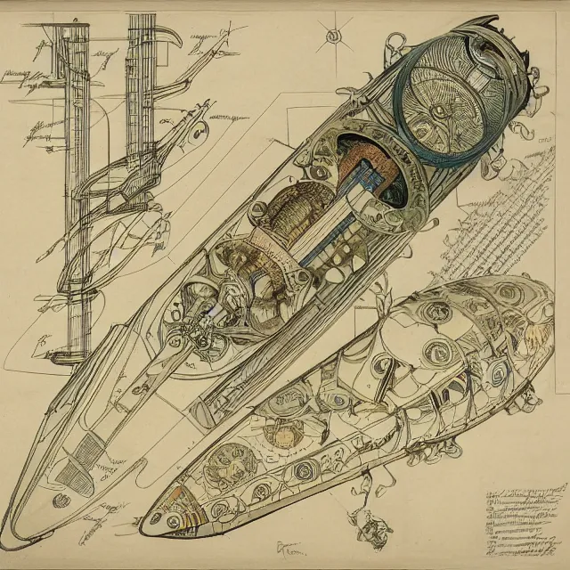 Image similar to detailed, intricate technical drawings on parchment from 1 8 4 0, with labels and notes, for a beautiful, symmetric, art deco submarine cutaway, by ron cobb and alphonse mucha