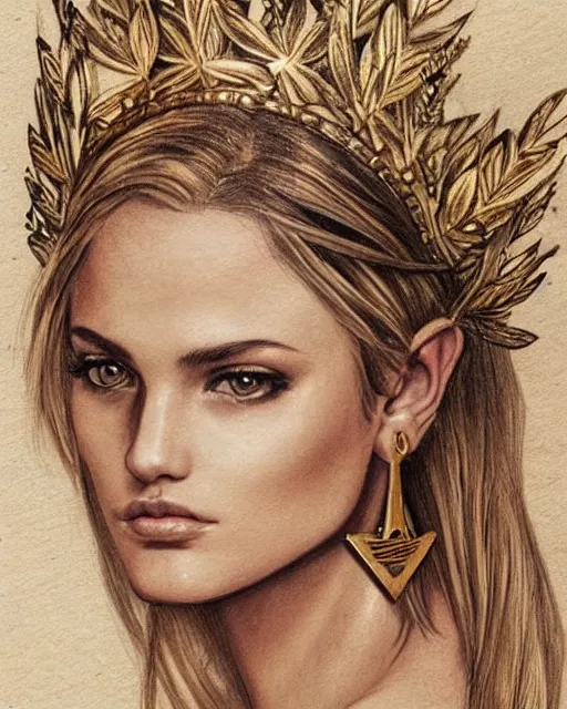 Image similar to tattoo sketch of beautiful super model aphrodite greek goddess wearing a gold laurel wreath and triangle earrings, beautiful piercing gaze with sharp pupils, beautiful blonde hair, in the style of greg rutkowski, fantasy, amazing detail, epic, elegant, smooth, sharp focus, front view