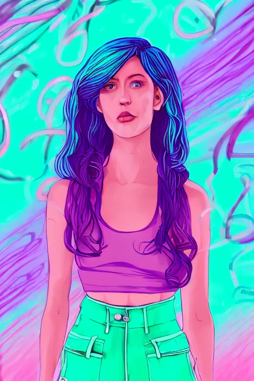 Image similar to a award winning half body portrait of a beautiful woman in a croptop and cargo pants with ombre purple pink teal hairstyle and hands in pockets by ari liloan, surrounded by whirling illuminated lines, outrun, vaporware, shaded flat illustration, digital art, trending on artstation, highly detailed, fine detail, intricate