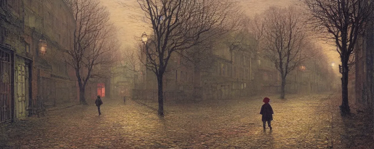 Prompt: a boy lost in a ghost town, in the style of john atkinson grimshaw, landscape, romanticism, streetscape, symbolism, impressionism