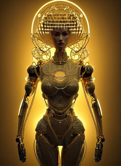 Prompt: blueprints for an absurdly beautiful, graceful, sophisticated, fashionable futuristic female golden robot, hyperdetailed illustration by irakli nadar and alexandre ferra, intricate linework, faberge, intricate gold headdress, dark atmosphere, unreal engine 5 highly rendered, global illumination, radiant light, detailed and intricate environment