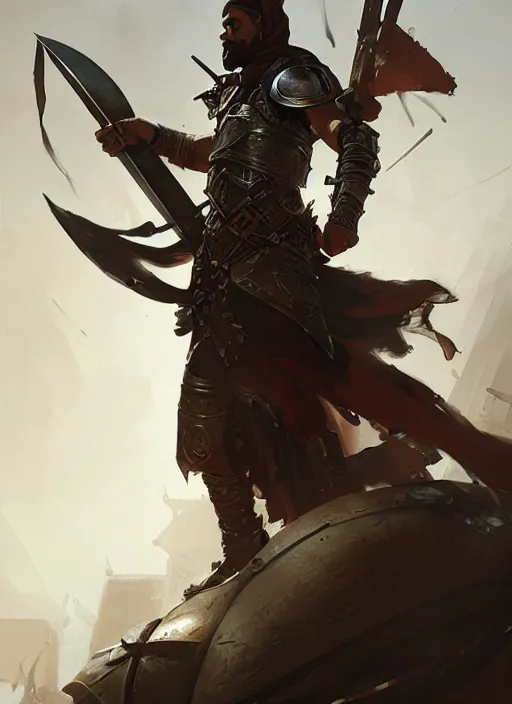 Prompt: epic arabic war commander with mechanical sword and shield highly detailed, digital painting, concept art, smooth, sharp focus, illustration, art by greg rutkowski