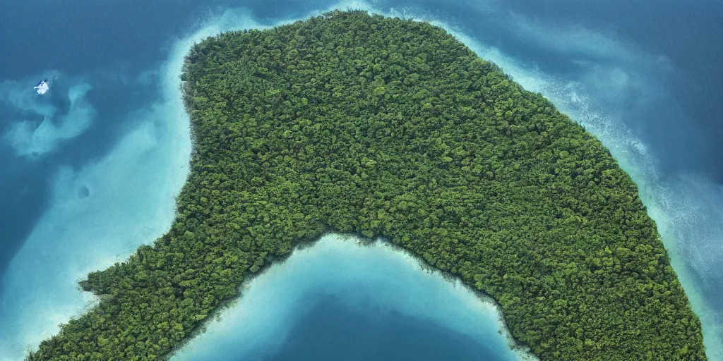 Image similar to National Geographic photograph of large forested islands. Ocean in the foreground. Realistic.