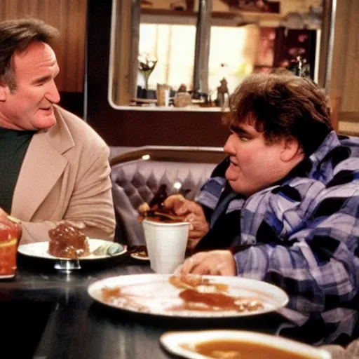 Prompt: robin williams and John candy sit in a diner, plates of bbq sauce for lunch, photo