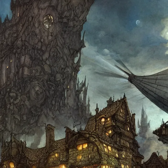 Image similar to Fantasy village, the inhabitant looking up at the sky. The sky is completely covered to the horizon by an incredibly huge airship-like ship. Extremely high detail, realistic, dark fantasy art, masterpiece, 8k, octane rendering, Arthur Rackham painting, art by Victoria Frances, Frank Frazetta.