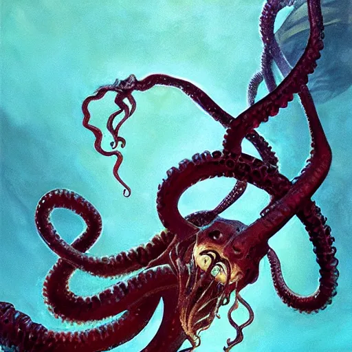 Image similar to Underwater Tentacle Pandomonium;Art by Greg Manchess, Art Direction by Jeremy Jarvis; painting spiraling inward; Deep sea horror; teeth and eyes; illustration