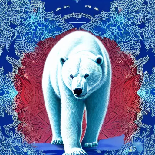 Image similar to blue paper + an intricate polar bear depiction + elaborate red illustration, very detailed, deviantart, 8 k vertical wallpaper, tropical, colorful, airy, anime illustration, anime nature