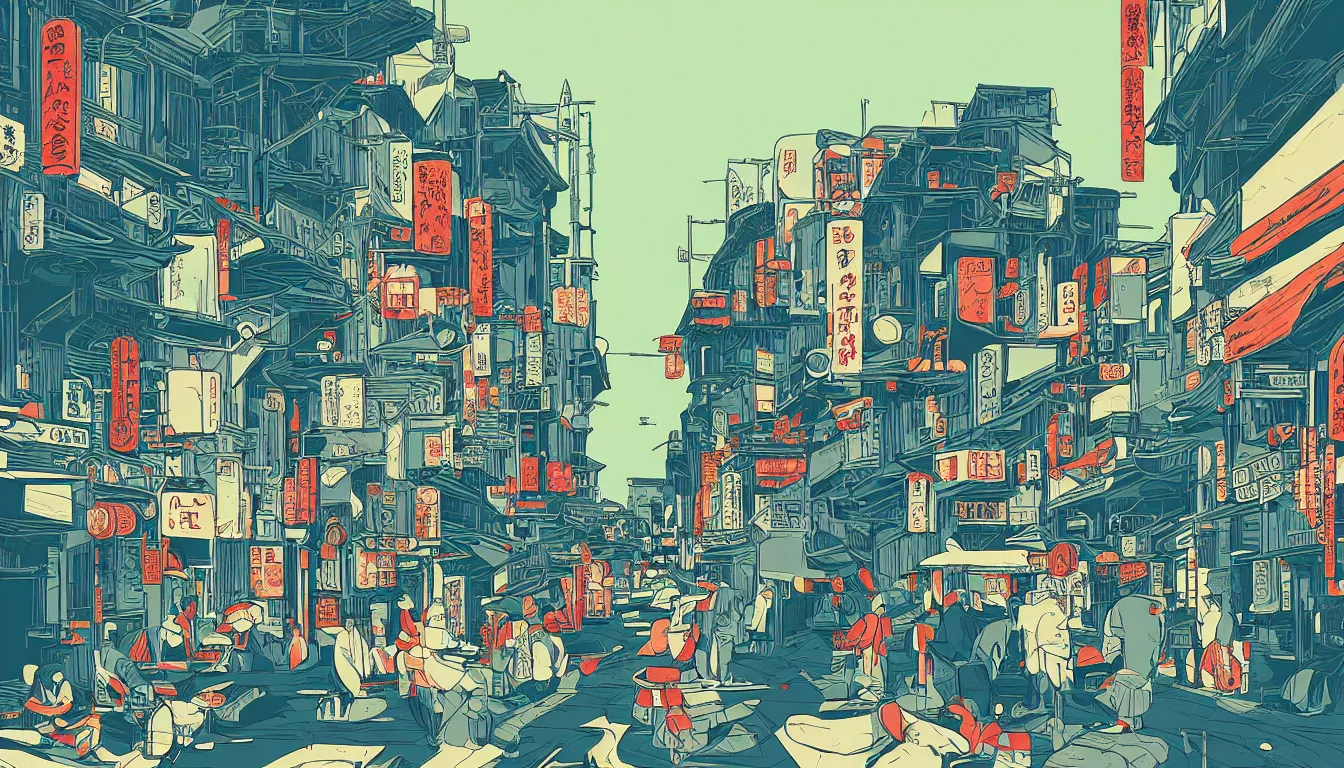 Image similar to old Japanese Street scene by Kilian Eng, minimalist, detailed