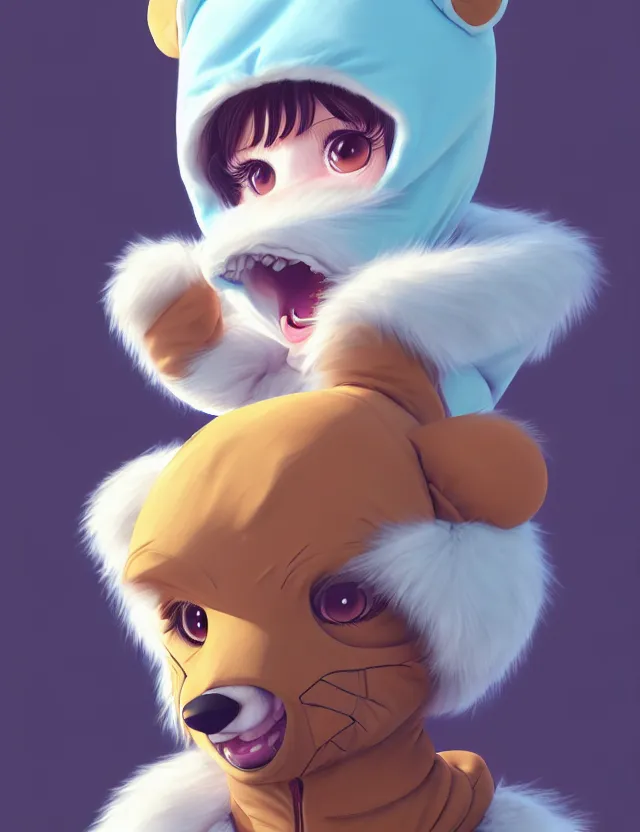 Image similar to cute young anthropomorphic furry wearing a kigurumi | | cute - fine - face, pretty face, key visual, realistic shaded perfect face, fine details by stanley artgerm lau, wlop, rossdraws, james jean, andrei riabovitchev, marc simonetti, and sakimichan, trending on artstation