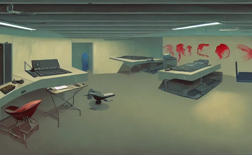 Prompt: Inside CIA bunker room with computers, highly detailed, very coherent, painted by Francis Bacon and Edward Hopper, Wayne Barlowe, painted by James Gilleard, surrealism, airbrush, art by JamesJean