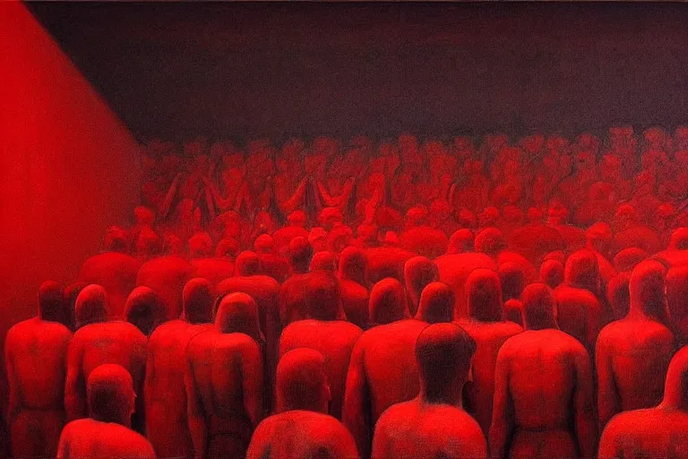 Image similar to only with red, crowd screaming, an exposed painting in a roman theater, in the style of beksinski, parts by edward hopper, parts by rodcenko, parts by yue minjun, intricate and epic composition, red by caravaggio, insanely quality, highly detailed, masterpiece, red light, artstation, 4 k