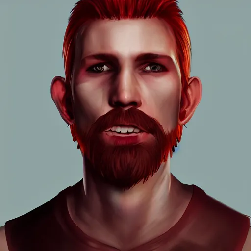 Prompt: portrait, 30 years old man :: red hair ponytail :: burned face, grimy :: high detail, digital art, RPG, concept art, illustration