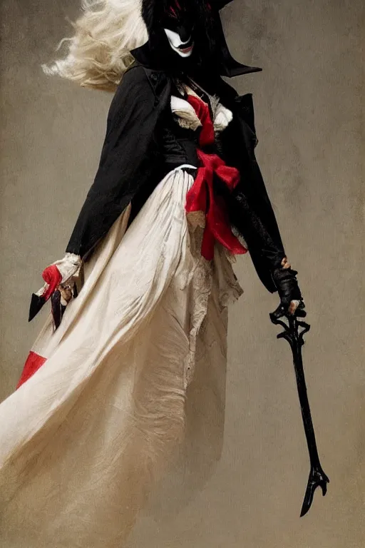 Image similar to a vampire with long light white hair and a red scarf, wearing a black mask over her mouth, windy, ribbons, melancholic, modern maximalist fashion dress, is ( ( holding a sword ) ). light dust, magnificent, hyperdetailed, theatrical, painted by jean honore fragonard and greg rutkowski