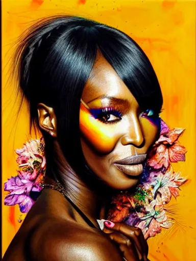 Image similar to portrait of naomi campbell with a floral background : : painted by artgerm, karol bak, artur bordalo, sandra chevrier : : portrait, character, illustration, hyperrealism, photorealism