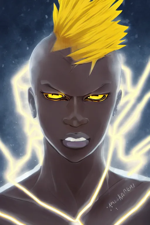 Image similar to golden glowing black male anime character, blonde hair, yellow eyes, symmetrical, highly detailed, digital art, sharp focus, trending on art station, crazy hair, electricity everywhere