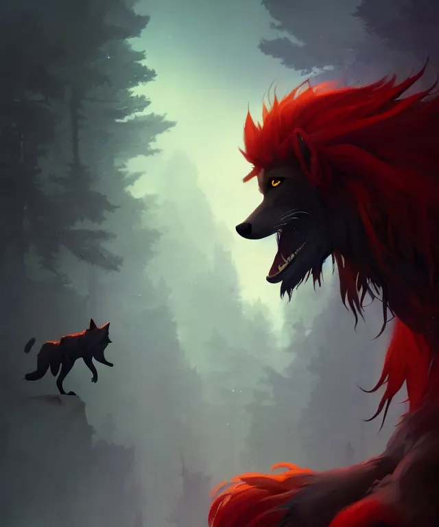Prompt: award winning painting of a anthropomorphic black male wolf person with long red hair | | concept art, volumetric lighting, highly detailed, photorealistic, by greg rutkowski and cory loftis trending on artstation