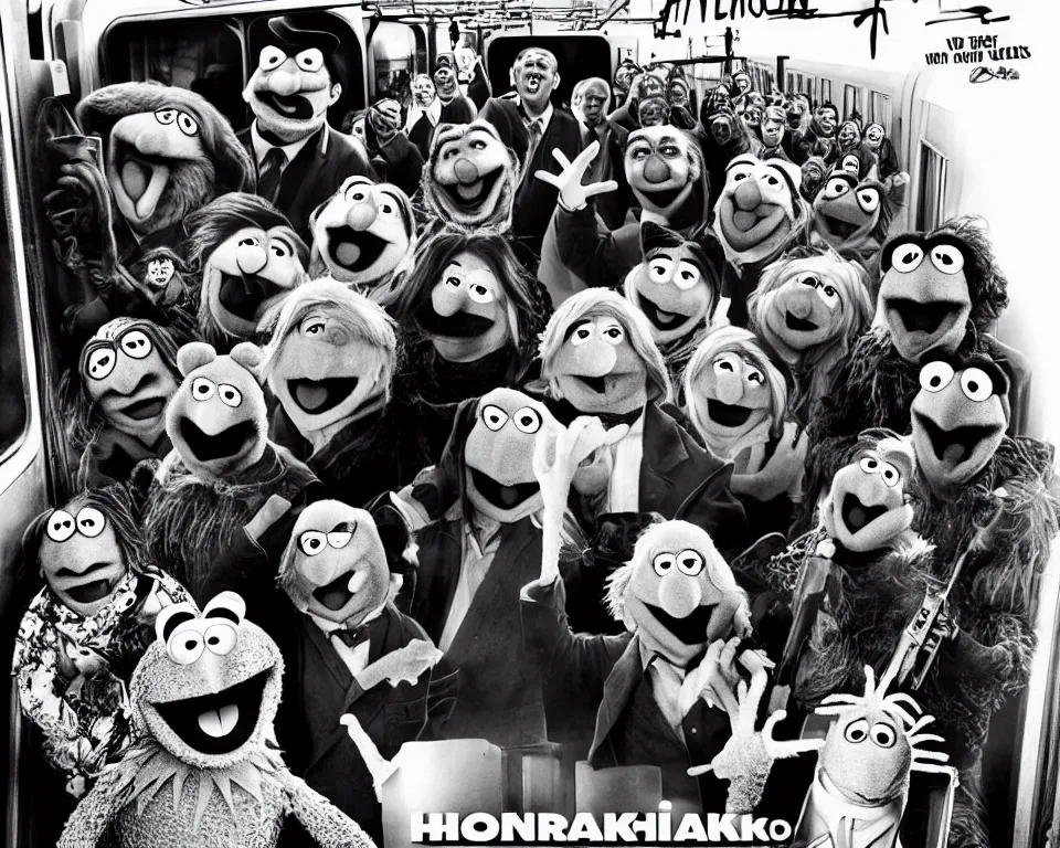 Prompt: a horror movie poster featuring muppets hijacking a train