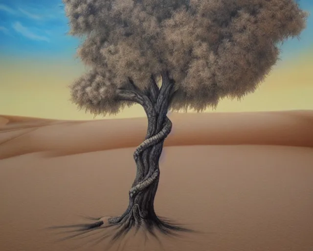 Prompt: a painting of a tree in the desert, an airbrush painting by breyten breytenbach, sea of sand, cgsociety, neo - primitivism, airbrush art, dystopian art, apocalypse landscape