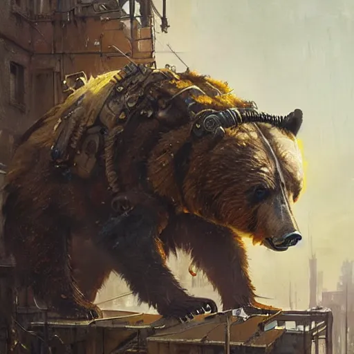Image similar to a steampunk cyborg grizzly bear ravaging my neighborhood, painting by Greg Rutkowski