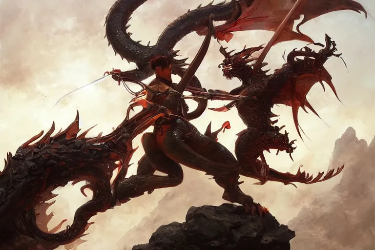 Prompt: A beautiful oil painting of Nezha fighting a Chinese dragon, by Greg Rutkowski, Boris Vallejo, epic fantasy character art, high fantasy, Exquisite detail, post-processing, low angle, masterpiece, cinematic