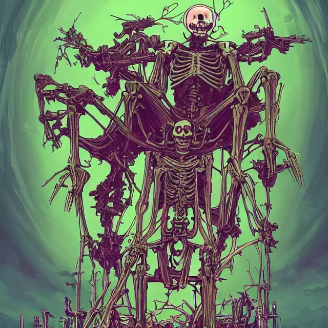 Prompt: a beautiful painting of a ( ( cybernetic ) ) skeleton king, resting on a throne of transparent green energy by simon stalenhag and pascal blanche and alphonse mucha! and nekro!. in style of digital art. colorful comic, film noirs!, symmetry, hyper detailed. octane render. trending on artstation