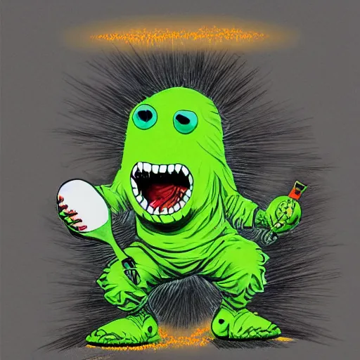 Image similar to a Eminem, marshal Mathers, slim shady tennis ball monster, tennis ball, lightning, chalk, digital art, fantasy, magic, trending on artstation, ultra detailed, professional illustration by Basil Gogos